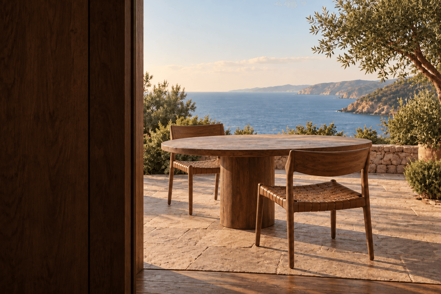 Two empty wooden chairs across a walnut table, framed by a wooden doorway and a coastal horizon.