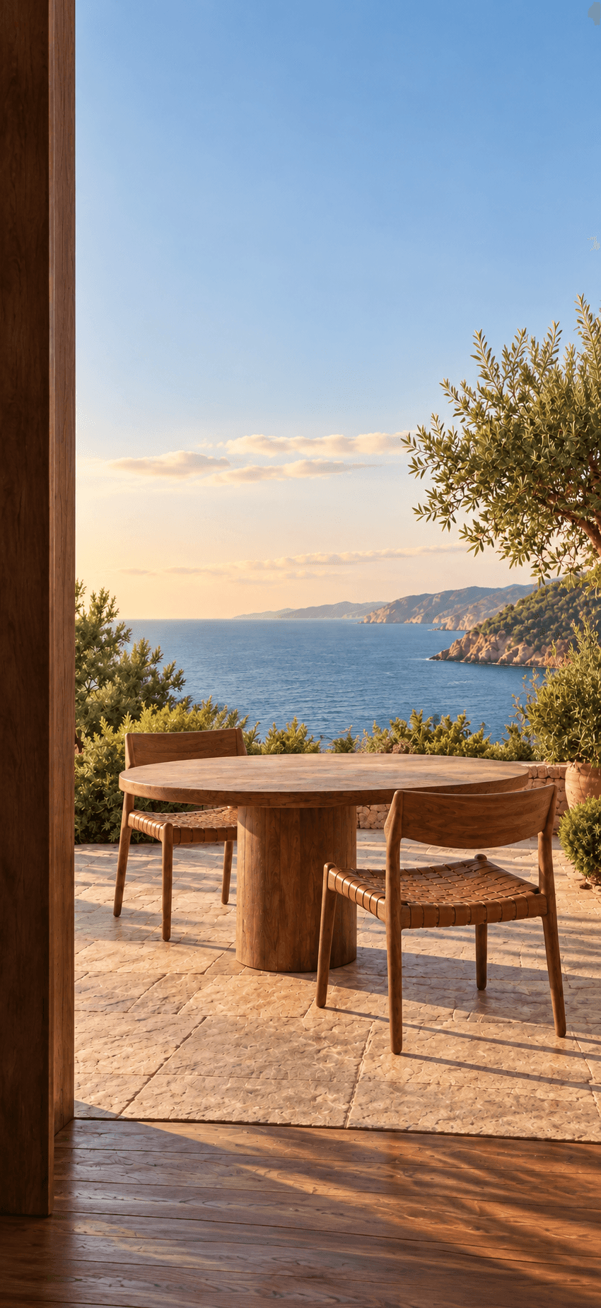 Two empty wooden chairs at the familiar coastal table, seen through a timber doorway.